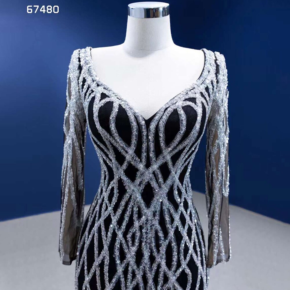 Vestido de novia de alta gama con falda desmontable de sirena negra, lentejuelas brillantes y cuentas, hecho a medida HM67480 