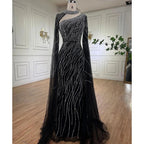 Schwarze Meerjungfrau Elegante Cape-Ärmel Perlen Luxus Abendkleider Kleider Für Frauen Arabisch Party 2025 LA72112 