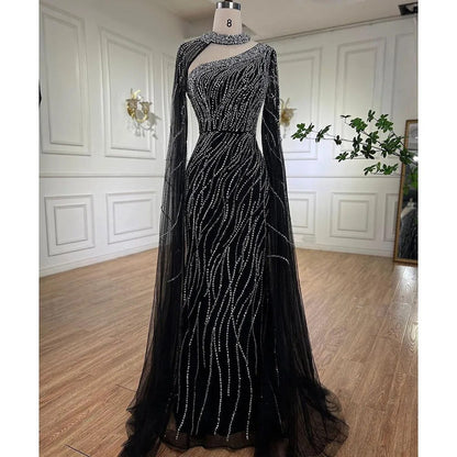 Vestido de noche elegante de sirena negra con mangas estilo capa y cuentas, de lujo, para mujer, estilo árabe, para fiesta, 2025, LA72112 