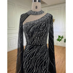 Schwarze Meerjungfrau Elegante Cape-Ärmel Perlen Luxus Abendkleider Kleider Für Frauen Arabisch Party 2025 LA72112 