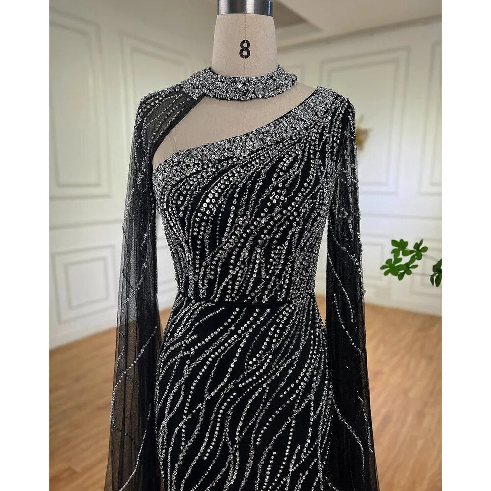 Vestido de noche elegante de sirena negra con mangas estilo capa y cuentas, de lujo, para mujer, estilo árabe, para fiesta, 2025, LA72112 