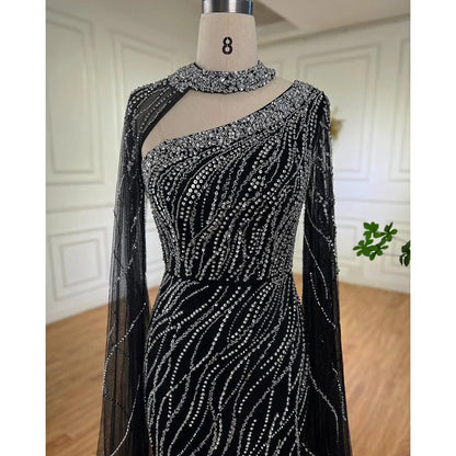 Vestido de noche elegante de sirena negra con mangas estilo capa y cuentas, de lujo, para mujer, estilo árabe, para fiesta, 2025, LA72112 