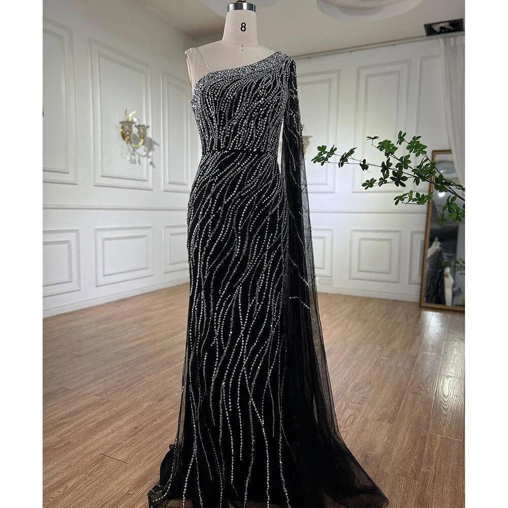 Vestido de noche elegante de sirena negra con mangas estilo capa y cuentas, de lujo, para mujer, estilo árabe, para fiesta, 2025, LA72112 
