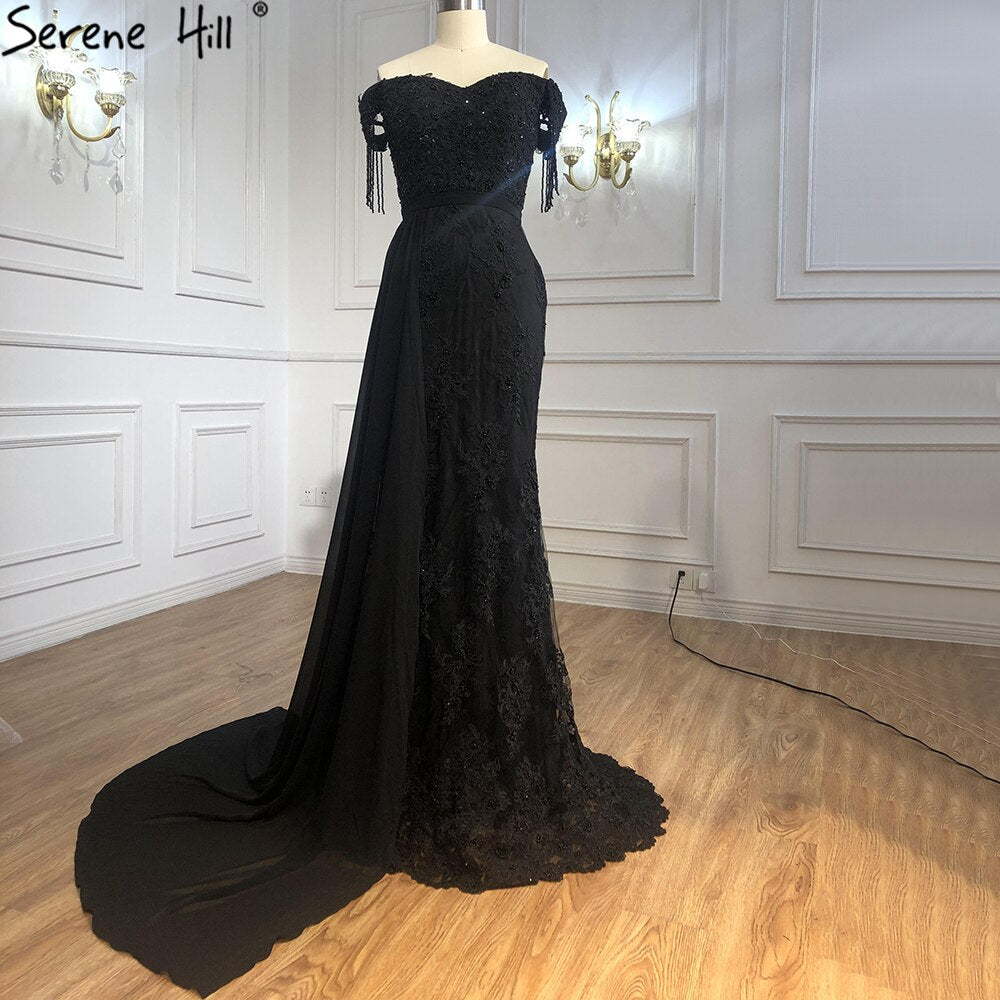 Elegante vestido de noche negro de sirena, con encaje y cuentas, de lujo, para mujer, para fiesta, LA70975 