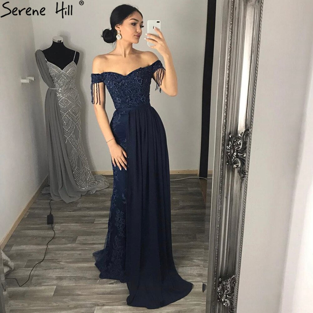 Elegante vestido de noche negro de sirena, con encaje y cuentas, de lujo, para mujer, para fiesta, LA70975 