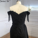Elegante vestido de noche negro de sirena, con encaje y cuentas, de lujo, para mujer, para fiesta, LA70975 
