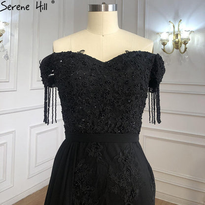 Elegante vestido de noche negro de sirena, con encaje y cuentas, de lujo, para mujer, para fiesta, LA70975 