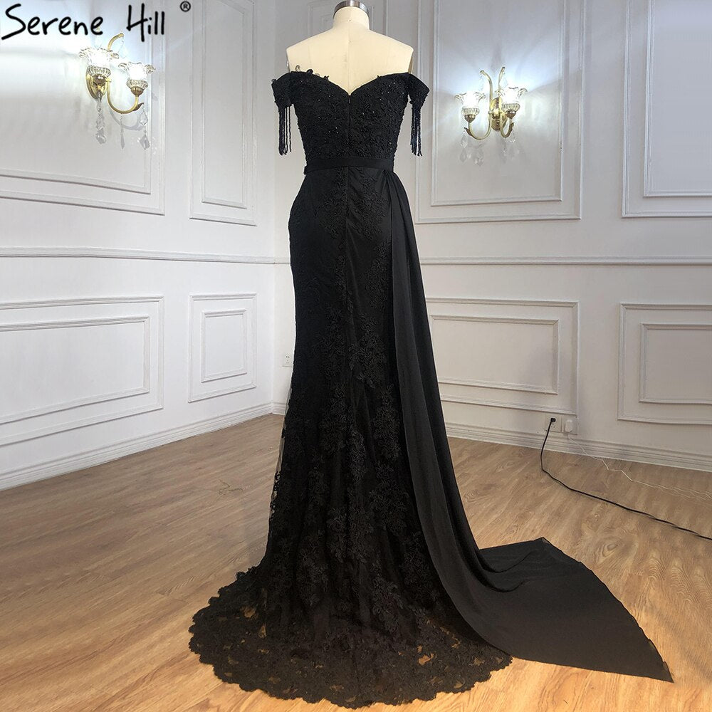 Elegante vestido de noche negro de sirena, con encaje y cuentas, de lujo, para mujer, para fiesta, LA70975 