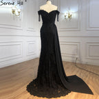 Elegante vestido de noche negro de sirena, con encaje y cuentas, de lujo, para mujer, para fiesta, LA70975 