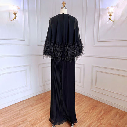 Vestido de noche marroquí elegante con mangas de capa y plumas de sirena negra para mujer, ideal para bodas 2025 LA71852 