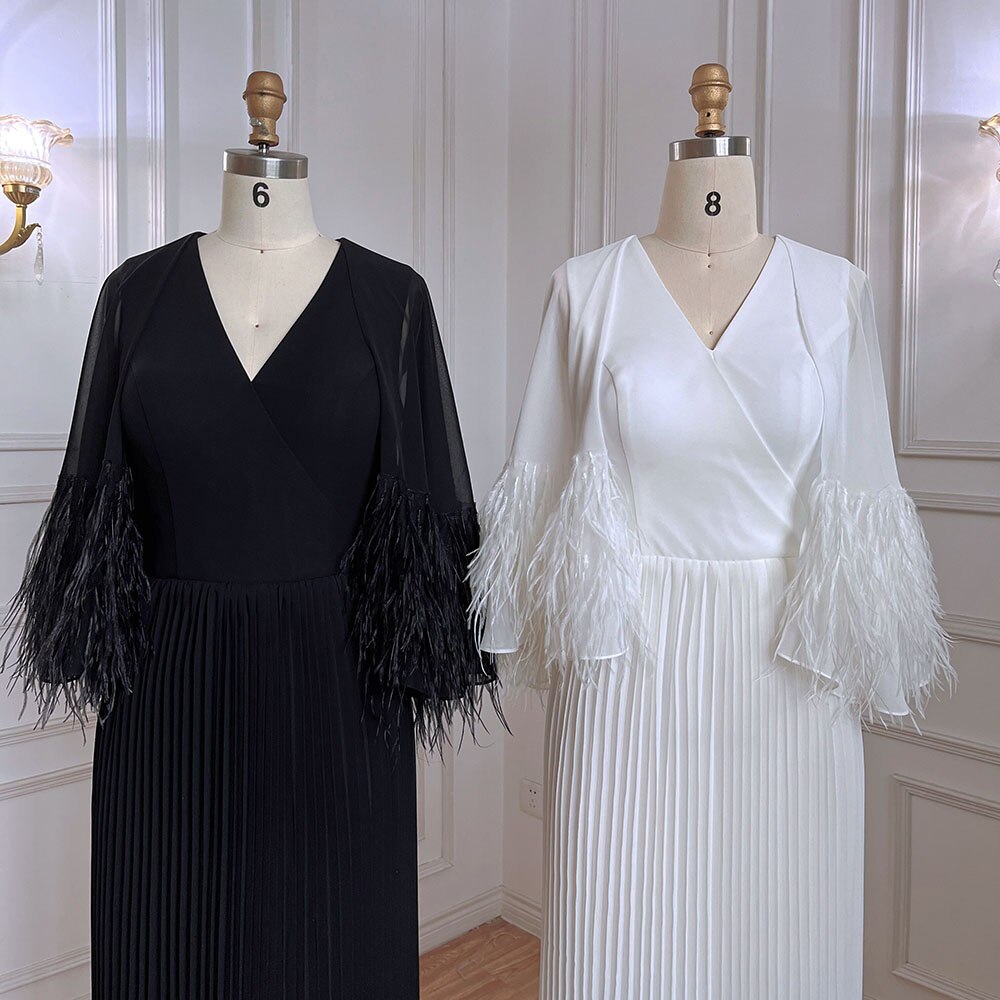 Vestido de noche marroquí elegante con mangas de capa y plumas de sirena negra para mujer, ideal para bodas 2025 LA71852 