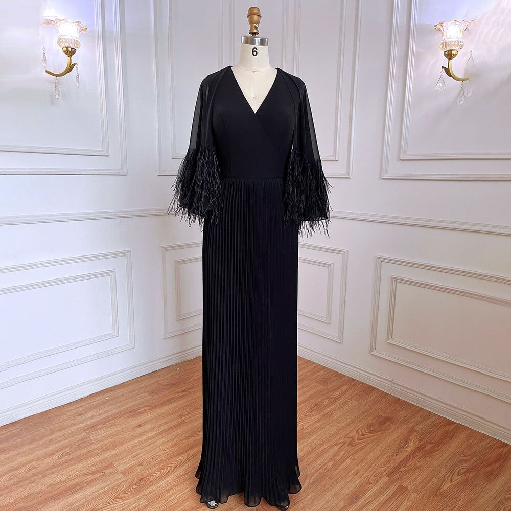 Vestido de noche marroquí elegante con mangas de capa y plumas de sirena negra para mujer, ideal para bodas 2025 LA71852 