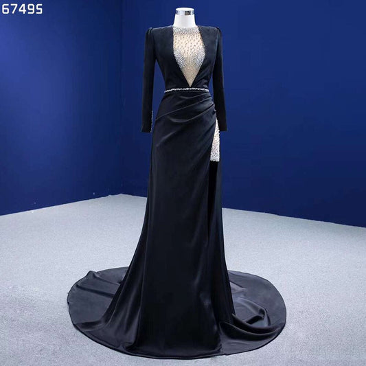 Elegante vestido de noche de sirena negra con cuentas de lujo para mujer, fiesta 2025, alta gama, hecho a medida HM67495 