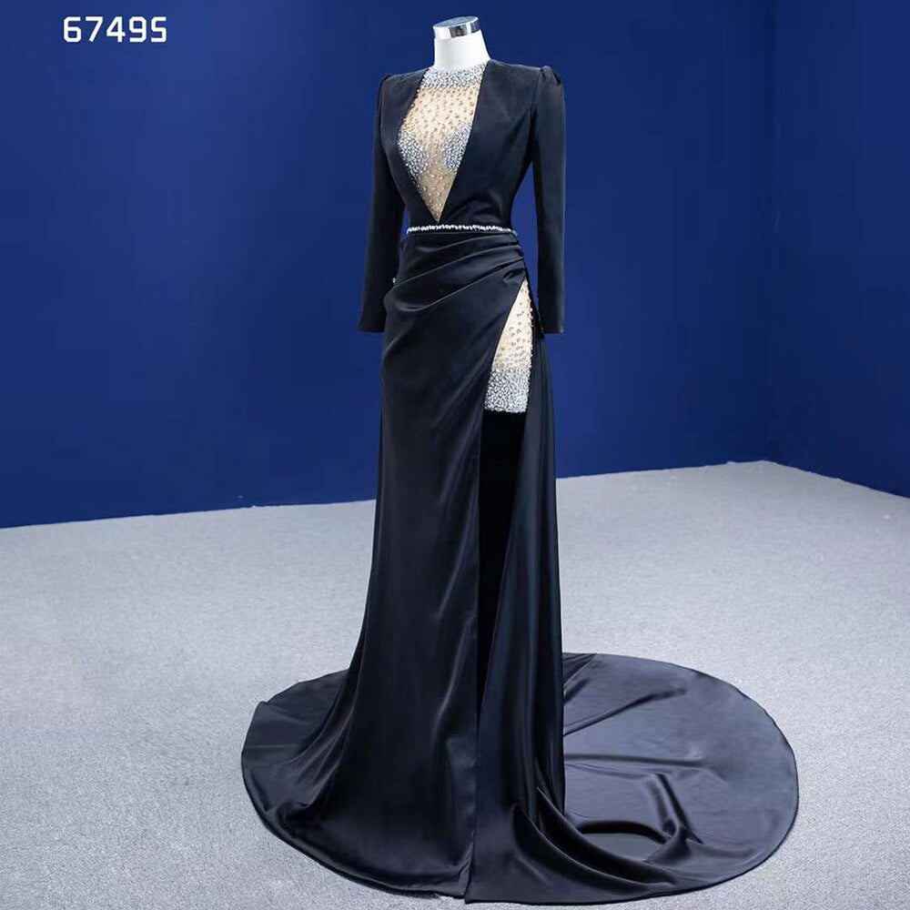 Elegante vestido de noche de sirena negra con cuentas de lujo para mujer, fiesta 2025, alta gama, hecho a medida HM67495 