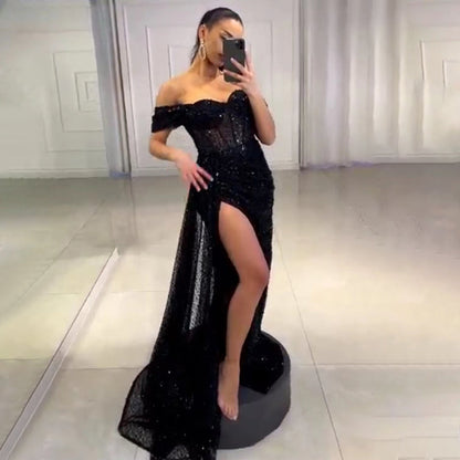 Vestido de noche negro de corte sirena con abertura alta, elegante sobrefalda para mujer, fiesta, LA71661, 2025 