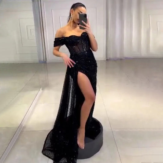 Vestido de noche negro de corte sirena con abertura alta, elegante sobrefalda para mujer, fiesta, LA71661, 2025 