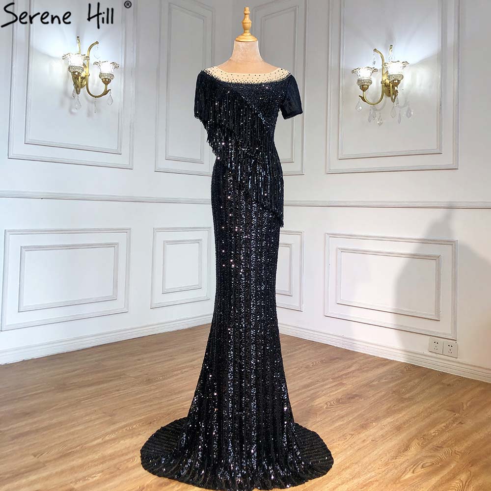 Schwarze Meerjungfrau Luxus Abendkleider Kleider 2025 Perlen Quaste Elegant Für Frauen Party LA71386 