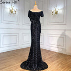 Schwarze Meerjungfrau Luxus Abendkleider Kleider 2025 Perlen Quaste Elegant Für Frauen Party LA71386 