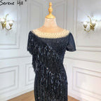 Schwarze Meerjungfrau Luxus Abendkleider Kleider 2025 Perlen Quaste Elegant Für Frauen Party LA71386 