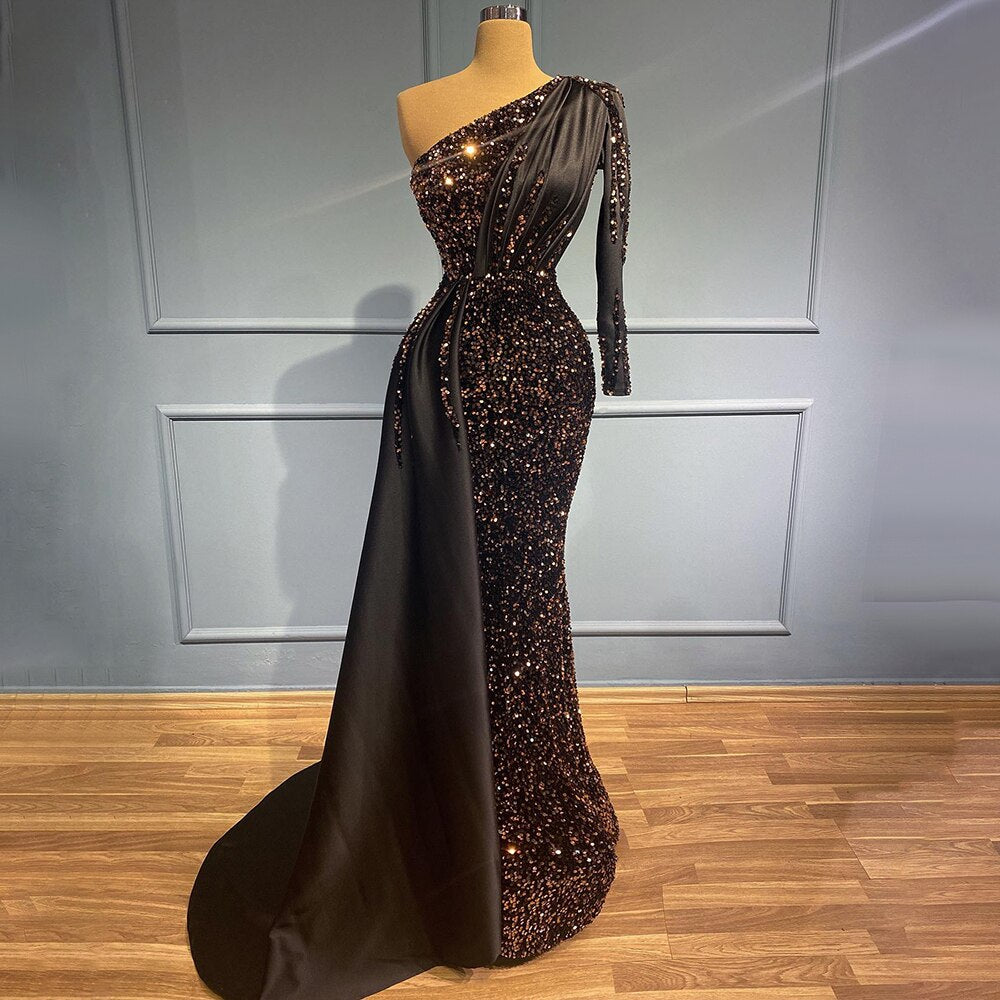 Schwarze Meerjungfrau Eine Schulter Abendkleider Kleider 2025 Pailletten Luxus Elegant Für Frauen Party LA71542 