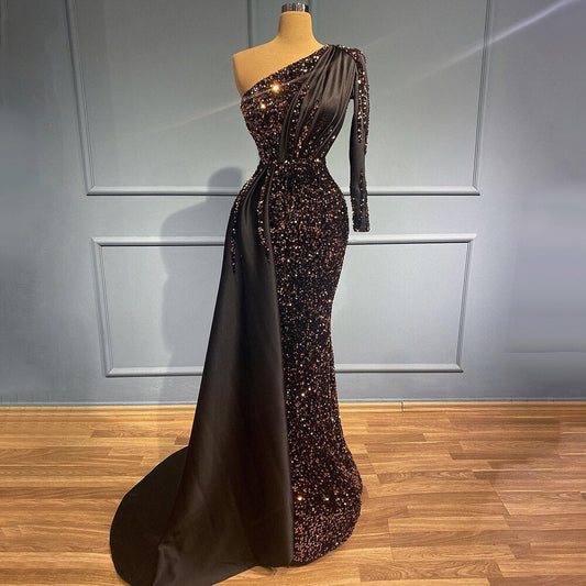 Vestido de noche negro de sirena con un solo hombro, con lentejuelas, de lujo, elegante, para mujer, fiesta, LA71542 