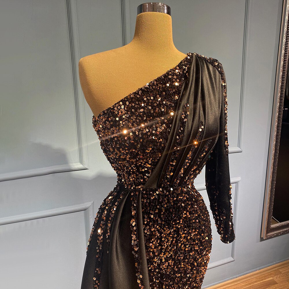 Schwarze Meerjungfrau Eine Schulter Abendkleider Kleider 2025 Pailletten Luxus Elegant Für Frauen Party LA71542 