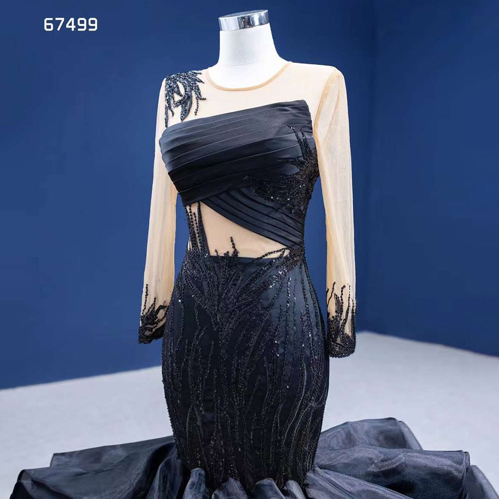 Vestido de novia de sirena negro con flores abullonadas, encaje y cuentas, manga larga, hecho a medida, 2025 HM67499 