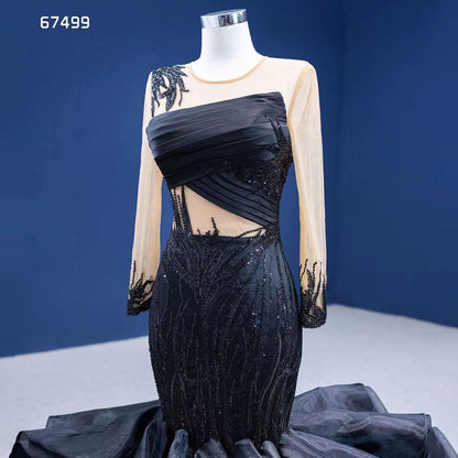Vestido de novia de sirena negro con flores abullonadas, encaje y cuentas, manga larga, hecho a medida, 2025 HM67499 