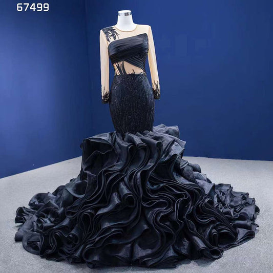 Vestido de novia de sirena negro con flores abullonadas, encaje y cuentas, manga larga, hecho a medida, 2025 HM67499 