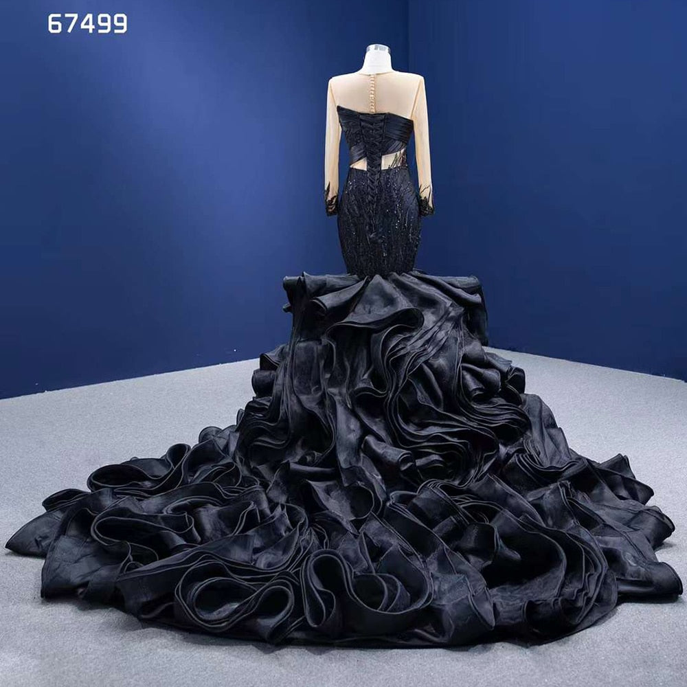 Vestido de novia de sirena negro con flores abullonadas, encaje y cuentas, manga larga, hecho a medida, 2025 HM67499 