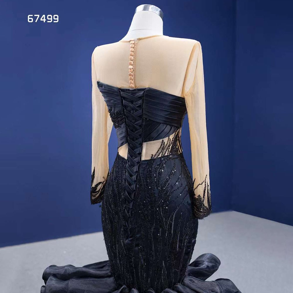 Vestido de novia de sirena negro con flores abullonadas, encaje y cuentas, manga larga, hecho a medida, 2025 HM67499 