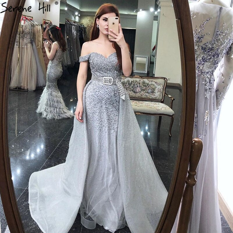 On Sale no return no refund Black Mermaid Sleeveless Sexy Off Shoulder Luxury Beaded Evening Dresses Gowns For Women Party 2025 LA70602