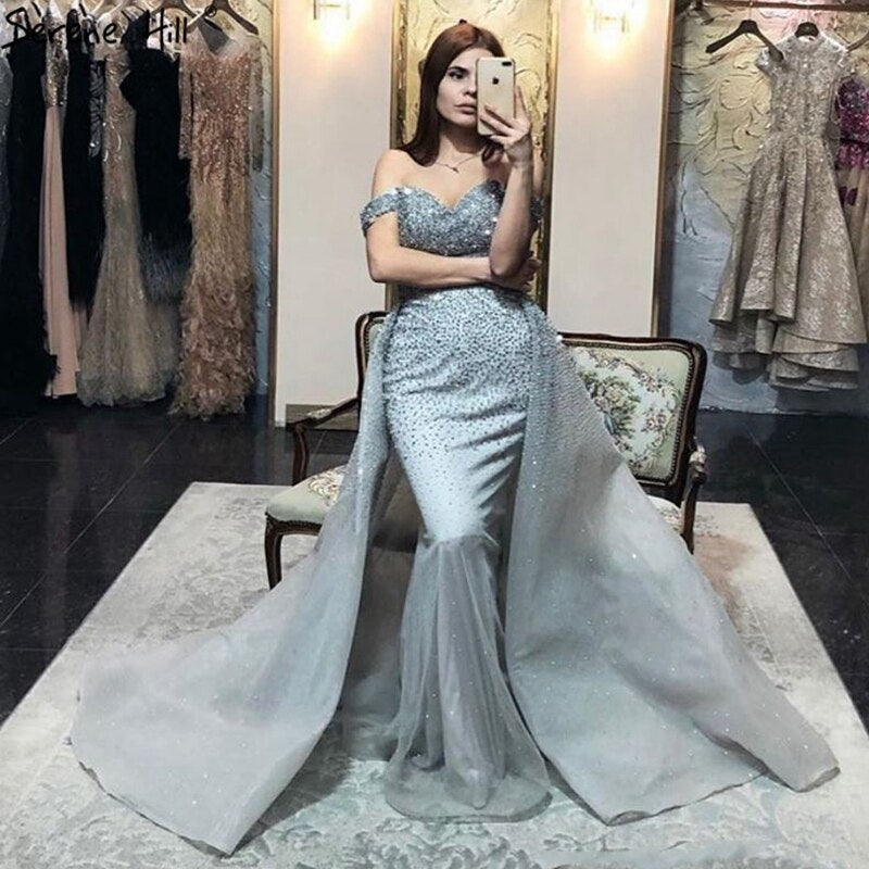 On Sale no return no refund Black Mermaid Sleeveless Sexy Off Shoulder Luxury Beaded Evening Dresses Gowns For Women Party 2025 LA70602