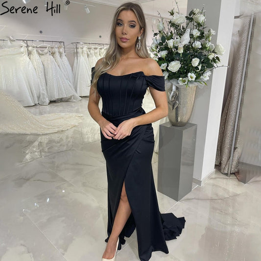 Schwarze Mermiad Split Abendkleider Kleider 2025 Elegante Einfache Satin Sexy Für Frauen Party LA71337 