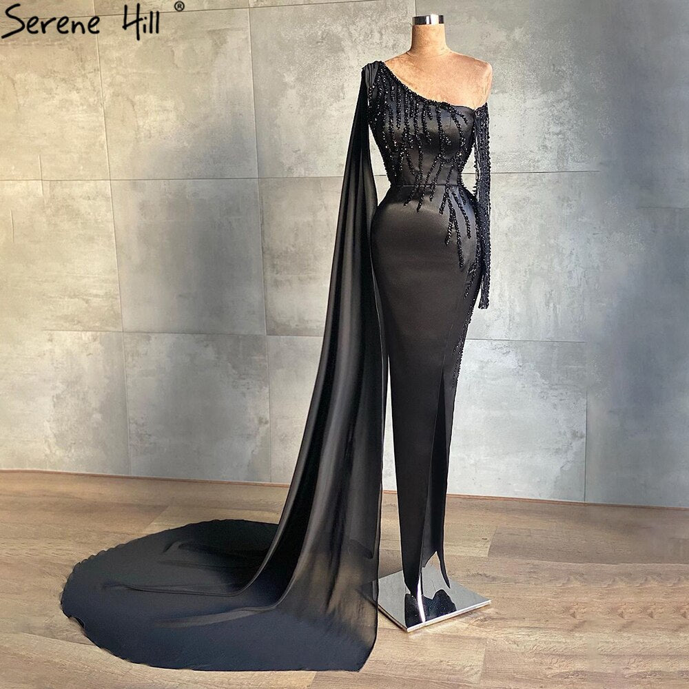 Schwarze Mermiad Split Satin Abendkleider Kleider 2025 Elegante Perlen Eine Schulter Für Frauen Party LA71089 