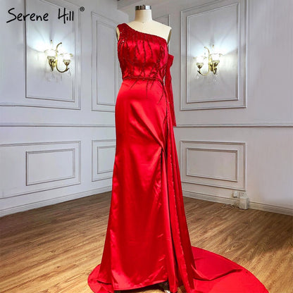 Schwarze Mermiad Split Satin Abendkleider Kleider 2025 Elegante Perlen Eine Schulter Für Frauen Party LA71089 