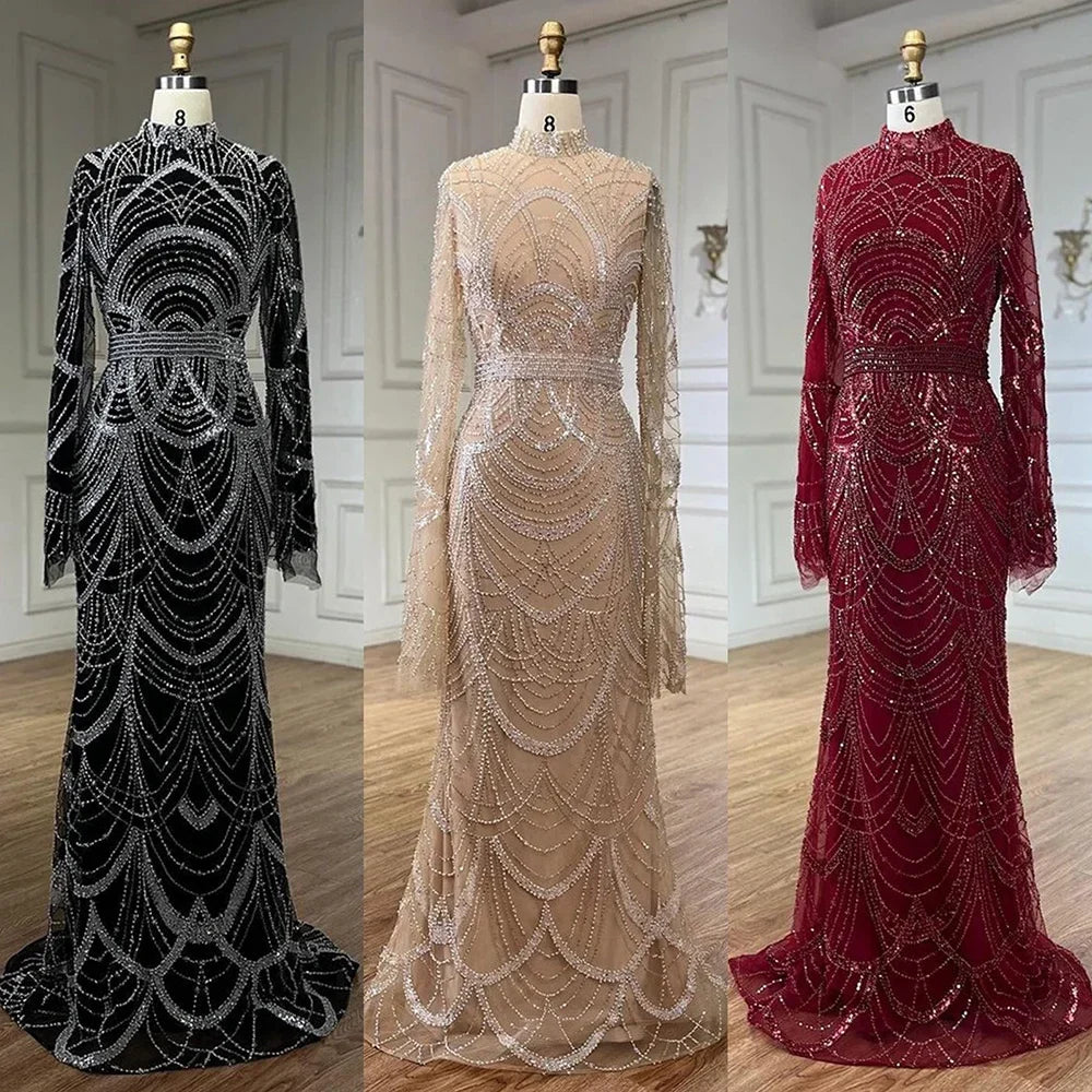 Schwarz Muslimischen Luxus Perlen Elegante Meerjungfrau Dubai Abendkleider Kleider für Frau Hochzeit Party 2025 LA72512 