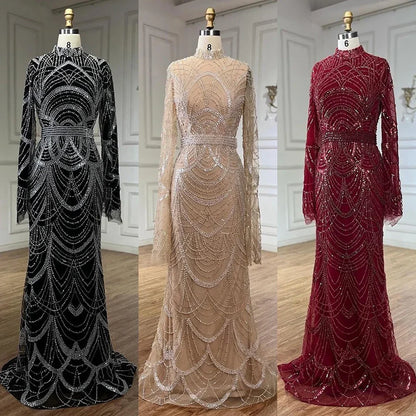 Schwarz Muslimischen Luxus Perlen Elegante Meerjungfrau Dubai Abendkleider Kleider für Frau Hochzeit Party 2025 LA72512 
