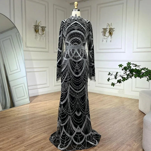 Schwarz Muslimischen Luxus Perlen Elegante Meerjungfrau Dubai Abendkleider Kleider für Frau Hochzeit Party 2025 LA72512 