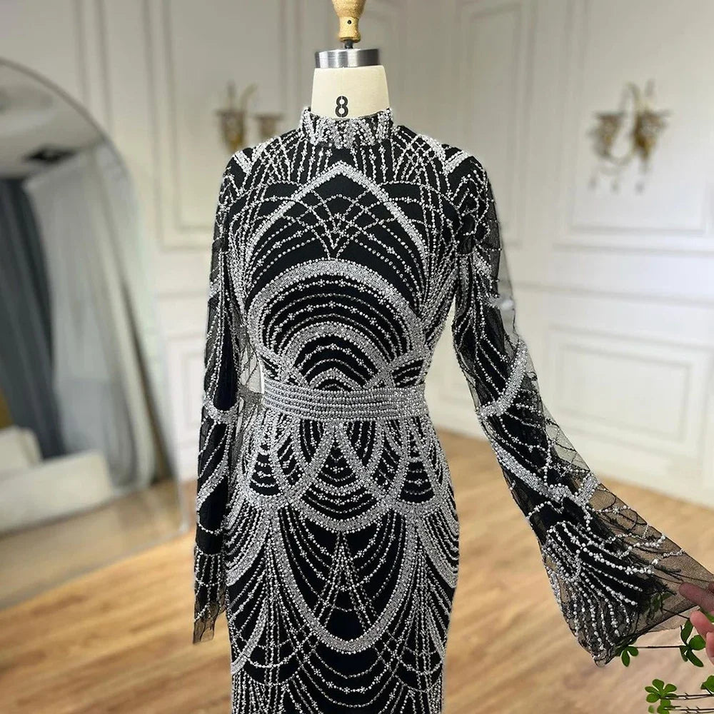Schwarz Muslimischen Luxus Perlen Elegante Meerjungfrau Dubai Abendkleider Kleider für Frau Hochzeit Party 2025 LA72512 