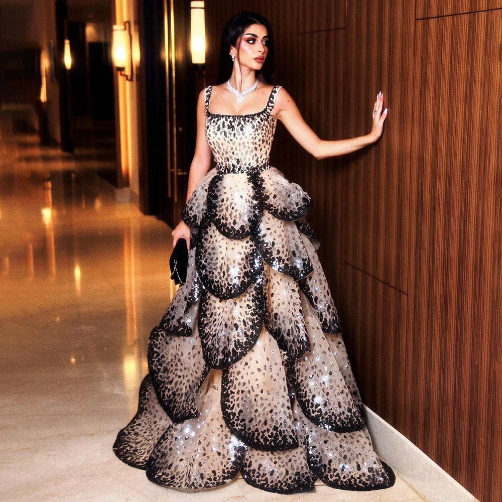 Luxury Designer Sparkly Sequin Tiered Ruffles Ball Gown Evening Dress LA72505