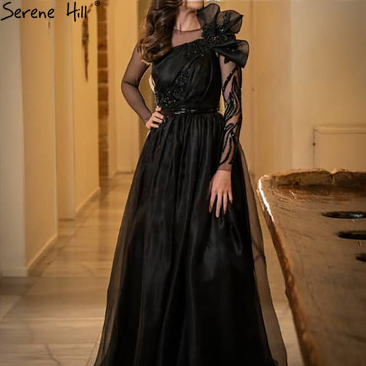 Vestidos de noche de satén negro, corte A, con cuentas, sexys, para mujer, para boda, fiesta, LA71213 
