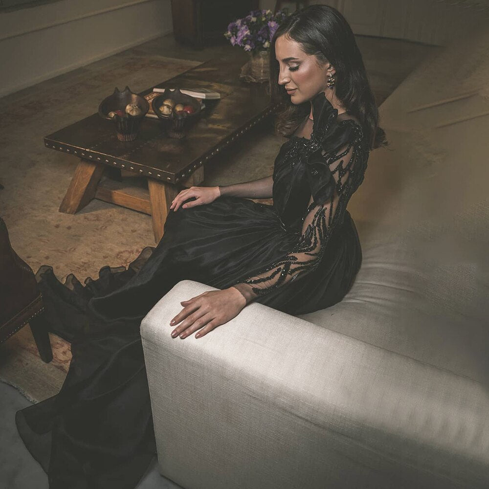 Schwarz Satin A-linie Abendkleider Kleider 2025 Perlen Sexy Für Frau Hochzeit Party LA71213 