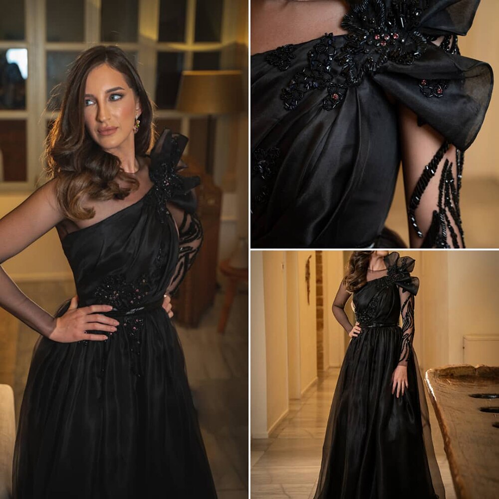 Vestidos de noche de satén negro, corte A, con cuentas, sexys, para mujer, para boda, fiesta, LA71213 