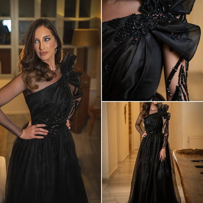 Vestidos de noche de satén negro, corte A, con cuentas, sexys, para mujer, para boda, fiesta, LA71213 