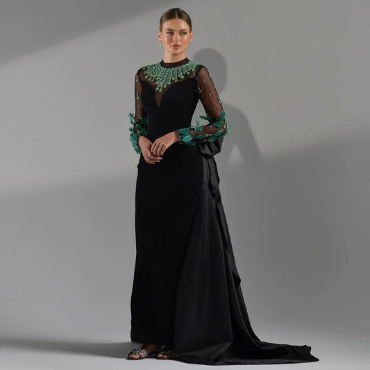 Schwarz Satin Meerjungfrau Spitze Perlen Luxus Lange Abendkleider Kleider Für Frauen Hochzeit Party 2025 LA72230 