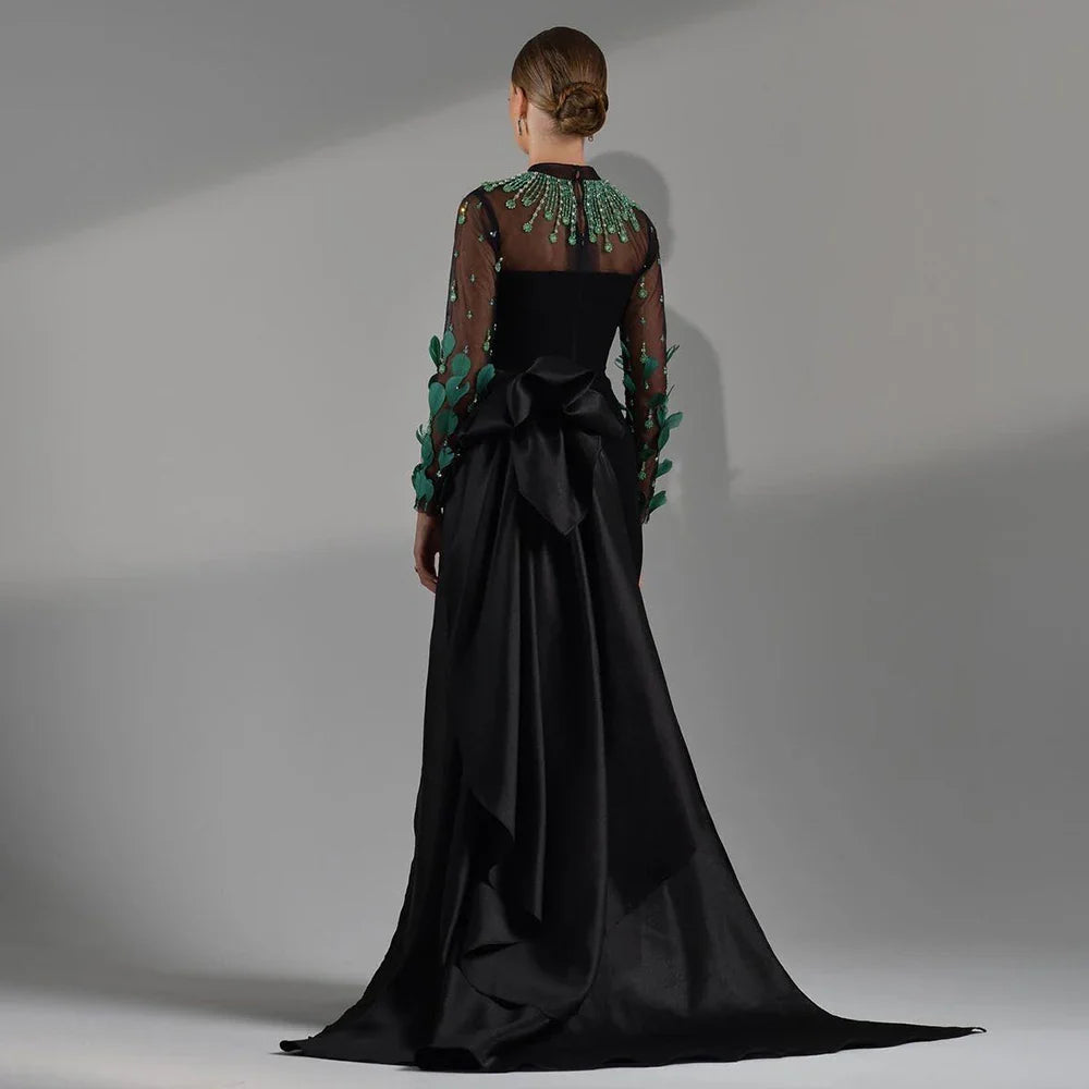 Schwarz Satin Meerjungfrau Spitze Perlen Luxus Lange Abendkleider Kleider Für Frauen Hochzeit Party 2025 LA72230 