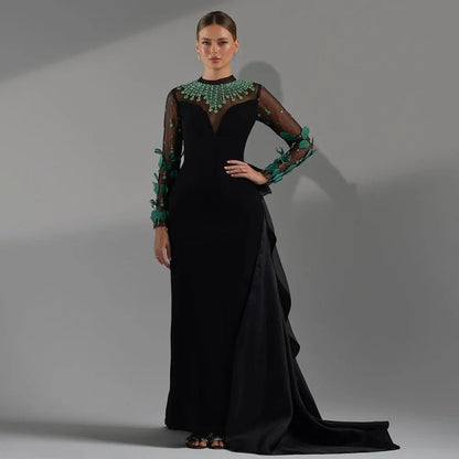 Schwarz Satin Meerjungfrau Spitze Perlen Luxus Lange Abendkleider Kleider Für Frauen Hochzeit Party 2025 LA72230 