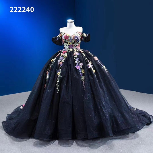 Vestido de novia negro sexy con hombros descubiertos, apliques de lujo y cordones, 2025, alta gama, hecho a medida, HM222240 