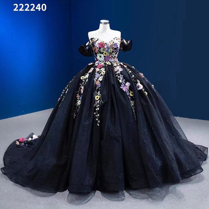 Vestido de novia negro sexy con hombros descubiertos, apliques de lujo y cordones, 2025, alta gama, hecho a medida, HM222240 
